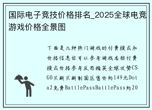 国际电子竞技价格排名_2025全球电竞游戏价格全景图
